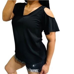 C&E Women Casual Black Open‎ Shoulder Short Sleeve Blouse Size Small